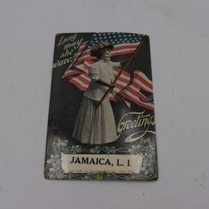 Vintage Patriotic Postcard Woman Holding American Flag Jamaica L.I. Ephemera